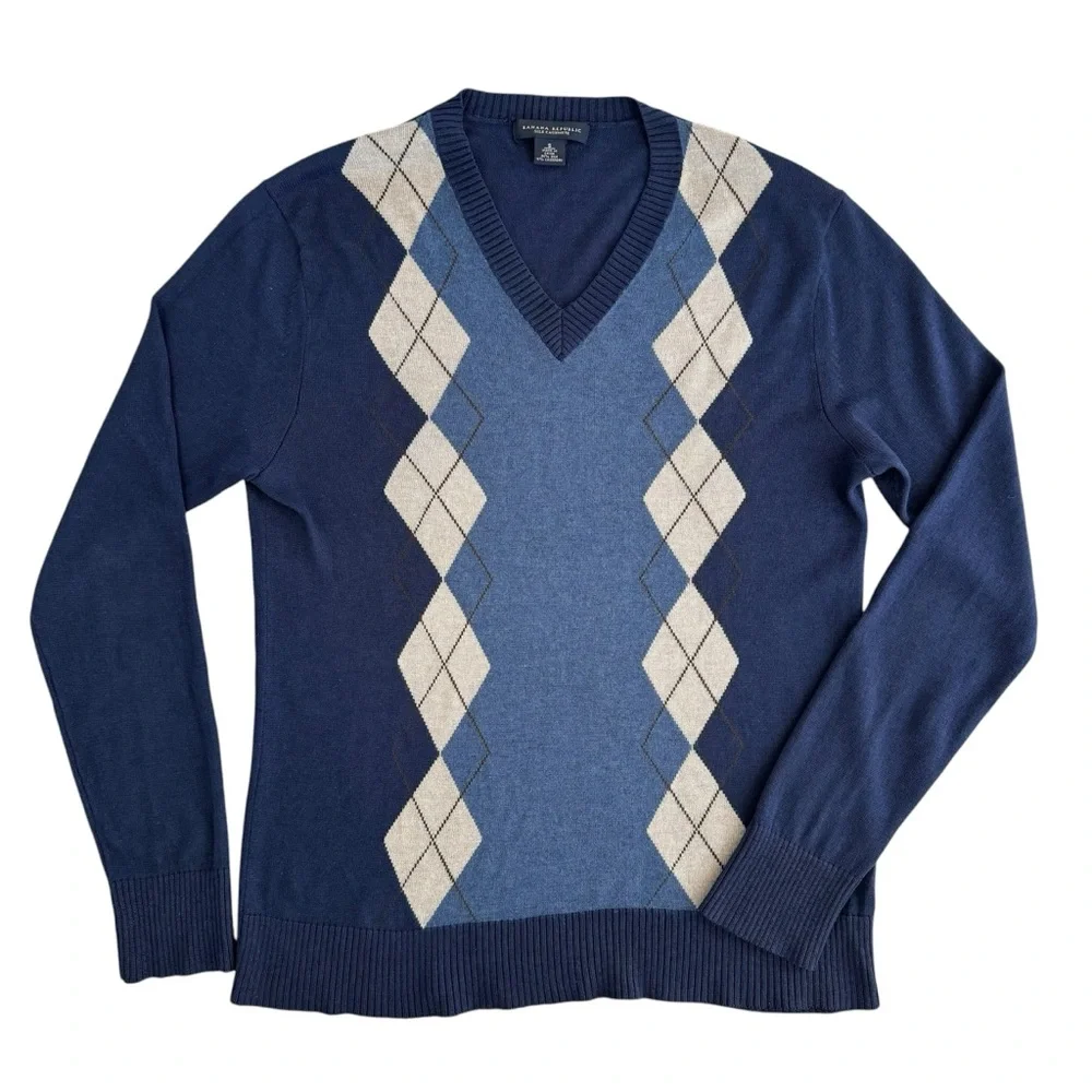 Banana Republic V-Neck Silk Cashmere Blend Argyle Sweater Navy Blue Size Small
